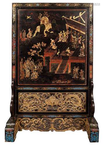 Chinese Gilt and Polychrome Lacquer Carved Wood Screen 19th Century, Dated Tongzhi Yichou Year 1865