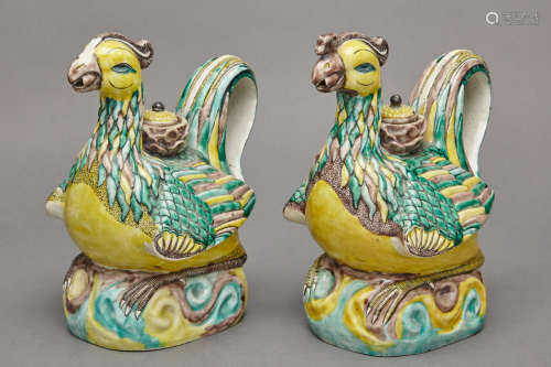 Two Chinese Famille Verte Glazed Porcelain Phoenix-Form Teapots 19th Century