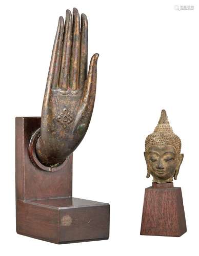 Thai Bronze Head of Buddha; Together with a Bronze Hand of Buddha Possibly 18th century
