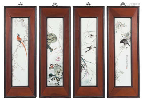 Group of Four Chinese Famille Rose Glazed Porcelain Wall Panels 20th Century