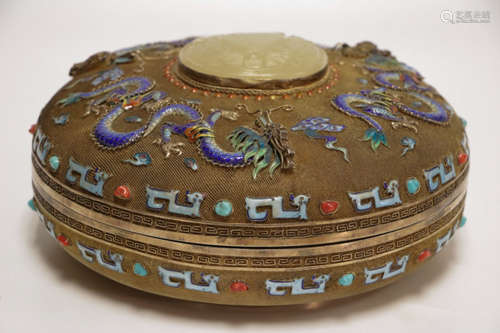 19th C. Chinese Silver Enameled Box w/ Jade on top