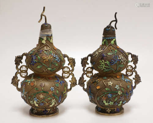 19th C. Chinese Silver Gourd Shape Vases