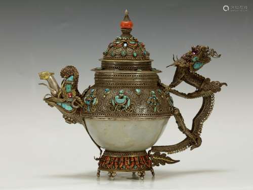 Chinese Jade Carved Teapot Inlaid w/ Gemstones