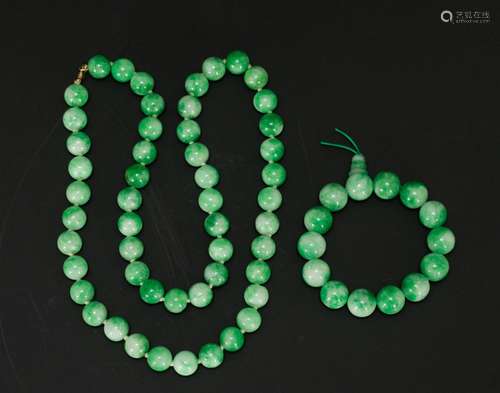 19th C. Chinese Jade Bead Necklace and Bracelet