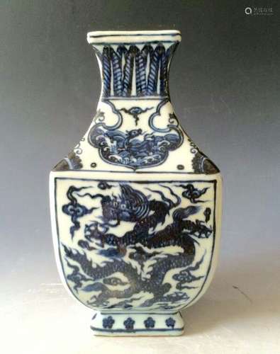 Chinese Blue/White Porcelain Square Vase, Marked