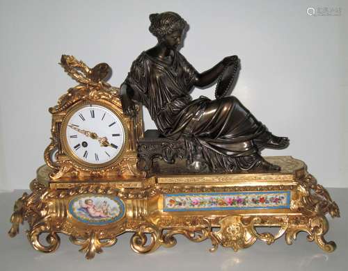 French Bronze Clock with Porcelain Plaques