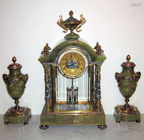 Beautiful 19C French Gilt Bronze Enamel Clock Set