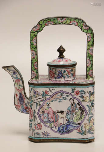 Chinese Bronze Enameled Teapot w/ Handle