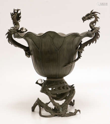 19th C. Japanese Bronze Vase w/ Dragon Designed