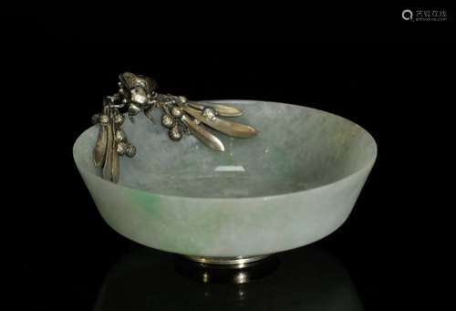 Chinese 19th C. Jadeite Washer w/ Mounted Silver