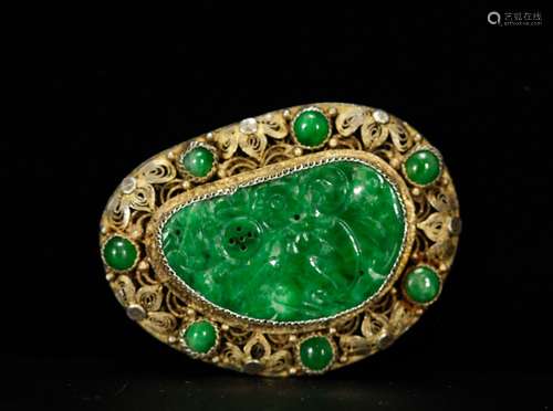 Chinese Jadeite Carved w/ Silver Brooch, Marked