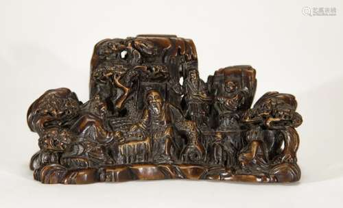 Chinese Carved Wood Brush Rest Grotto of Scholars