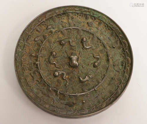 Chinese Bronze Mirror w/ Birds and Mythical Beast