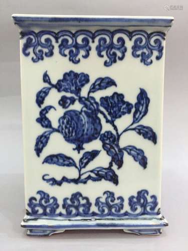 Chinese Blue/White Square Brush Pot, Marked