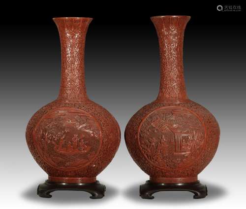 Pair of Chinese 18/19th C. Cinnabar Lacquer Vases