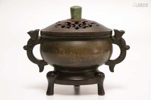 Chinese Bronze Censer w/ Wood Cover Inlaid Silver