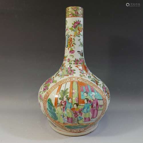 ANTIQUE CHINESE ROSE MANDARIN PORCELAIN BOTTLE VASE - 19TH CENTURY