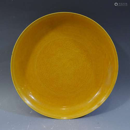 ANTIQUE CHINESE IMPERIAL YELLOW PORCELAIN PLATE - JIAQING MARK & PERIOD