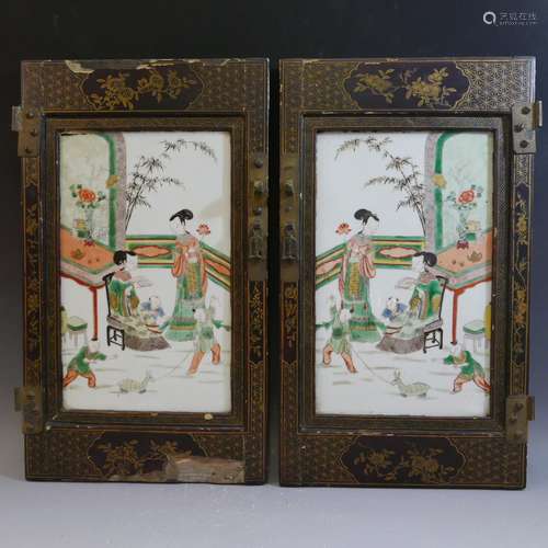 PAIR ANTIQUE CHINESE FAMILLE VERTE PORCELAIN PLAQUE - 18TH CENTURY