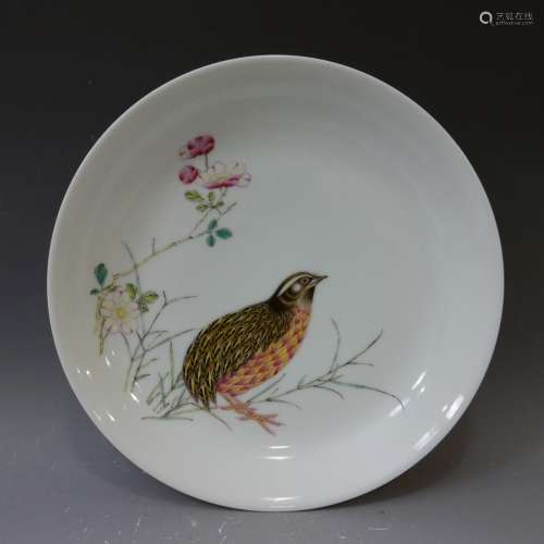 IMPERIAL CHINESE FAMILLE ROSE QUAIL PORCELAIN DISH - YONGZHENG MARK AND PERIOD