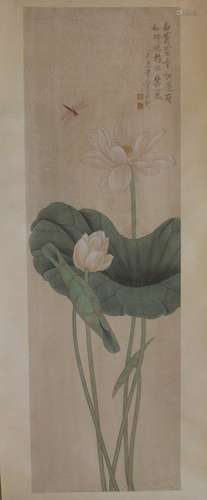 YU FEIAN (1888 - 1959), WATERCOLOR LOTUS AND DRAGONFLY, SCROLL