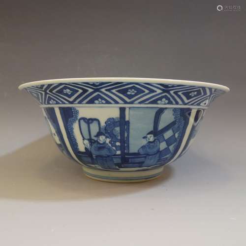 ANTIQUE CHINESE BLUE WHITE KLAPMUT PORCELAIN BOWL - KANGXI MARK AND PERIOD