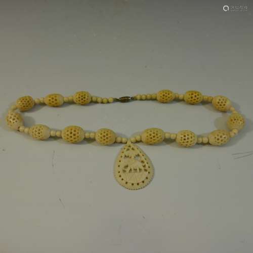 CHINESE CARVED ROUND BEADS PENDANT & NECKLACE