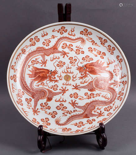 CHINESE QING DYNASTY IRON RED TWIN DRAGON CHARGER