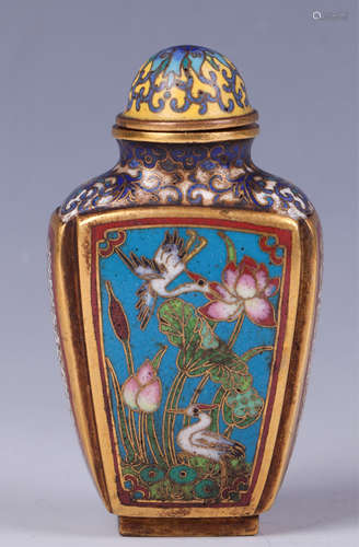 CHINESE CLOISONNE SNUFF BOTTLE CRANE SCENE