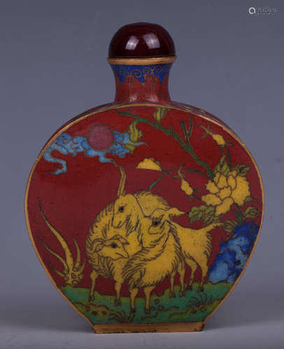 CHINESE CLOISONNE SNUFF BOTTLE, GOAT SCENE