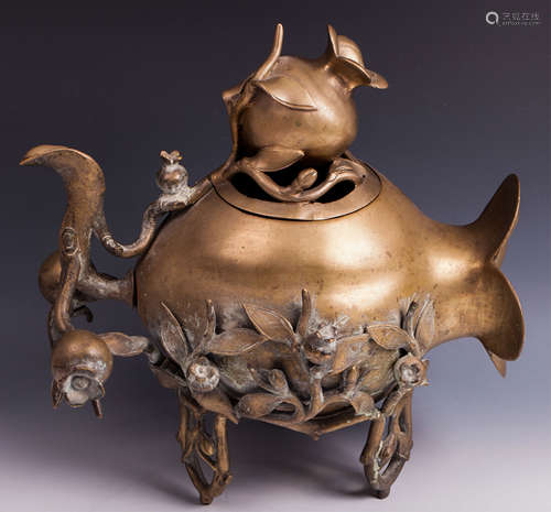 CHINESE BRONZE PEACH CENSER