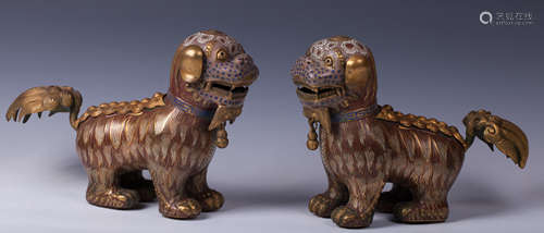 PAIR OF CHINESE GILT BRONZE CLOISONNE FOOLIONS