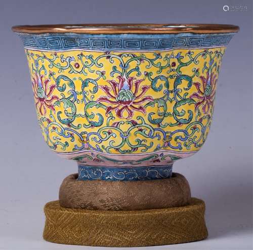 CHINESE GILT BRONZE ENAMEL LOBED CUP W/ MARK