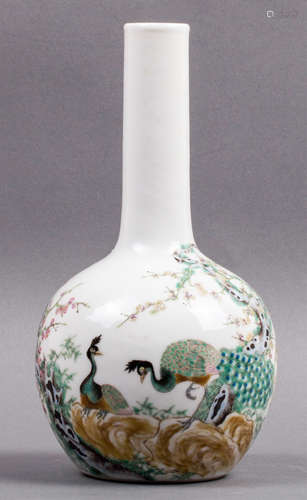 CHINESE FAMILLE ROSE BOTTLE VASE, PEACOCK FLOWER