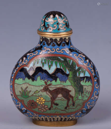 CHINESE CLOISONNE SNUFF BOTTLE DEER SCENE