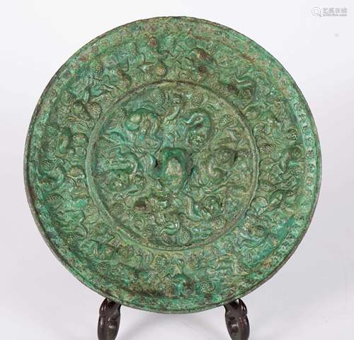 CHINESE CIRCULAR BRONZE MIRROR, BEAST & GRAPEVINE