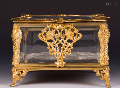 A GILT BRONZE VICTORIAN GLASS JEWELRY BOX