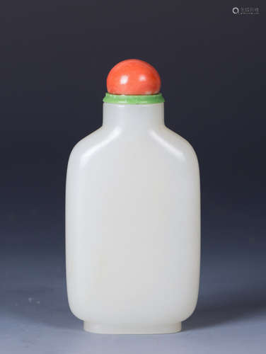 CHINESE PLAIN WHITE JADE SNUFF BOTTLE CORAL COVER