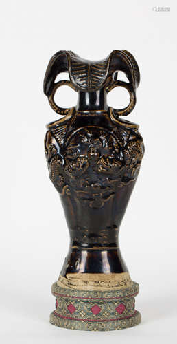 CHINESE BLACK GLAZED FOUR RING LEAF SHAPE VASE