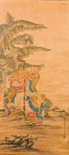 A CHINESE SCROLL PAINTING OF AN ELDER GUY, AFTER DING SHANPENG, QING DYNASTY