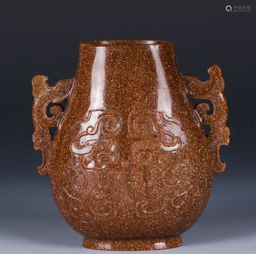 CHINESE GOLDSTONE PEKING GLASS TWIN EAR ZUN VASE