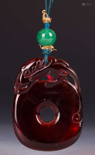 CHINESE RED PEKING GLASS CHILONG PENDANT