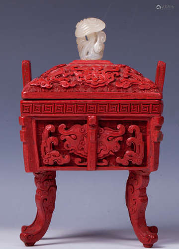 CHINESE CINNABAR LACQUER OVER BRONZE DING CENSER