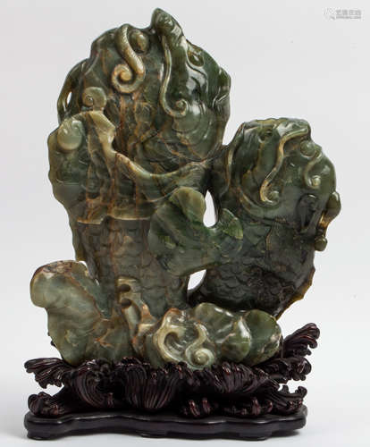 CHINESE QING SPINACH JADE CARVED TWO FISHES