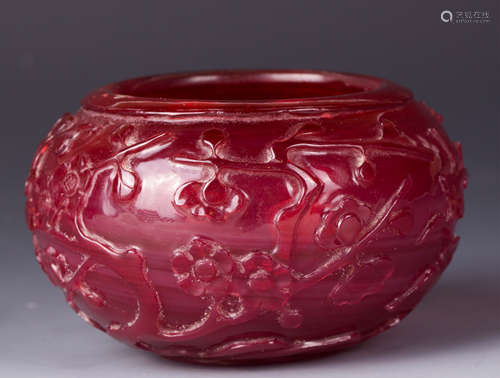 CHINESE RED PEKING GLASS WATER COUPE, FLOWER MOTIF