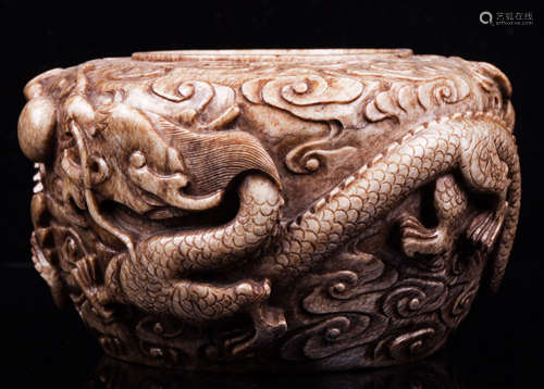 CHINESE ARCHAISTIC JADE DRAGON WATER COUPE