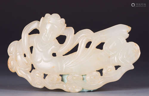 CHINESE WHITE JADE PLAQUE FIGURE OF DEITY