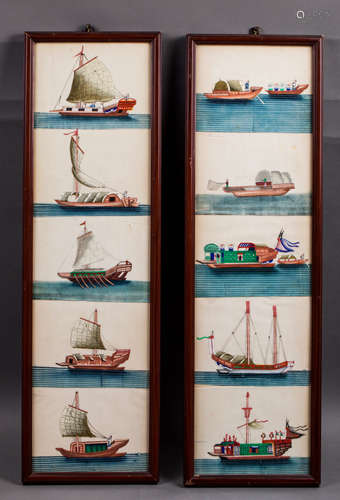 2 CHINESE QING DYNASTY SAILBOAT PAINTINGS ON FRAME