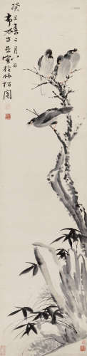 华嵒 1733年作 树鸟 立轴 设色纸本