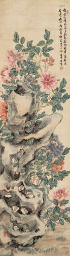 吴丹墀 1882年作 牡丹 立轴 设色绫本
